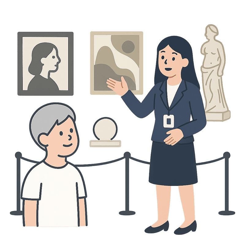 女性が美術品について説明するイラスト